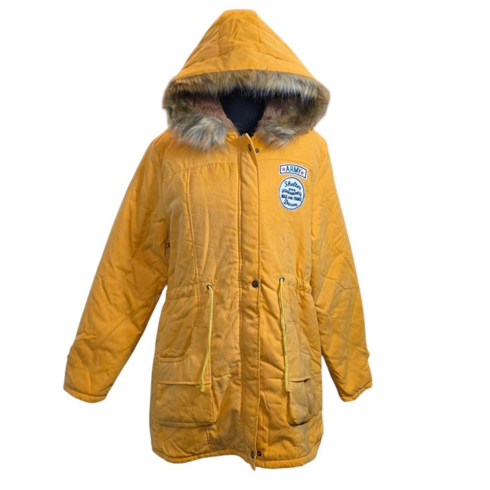 Fengzhiyuan Mustard Yellow Faux Fur Hooded Parka Coat Army Patch XL